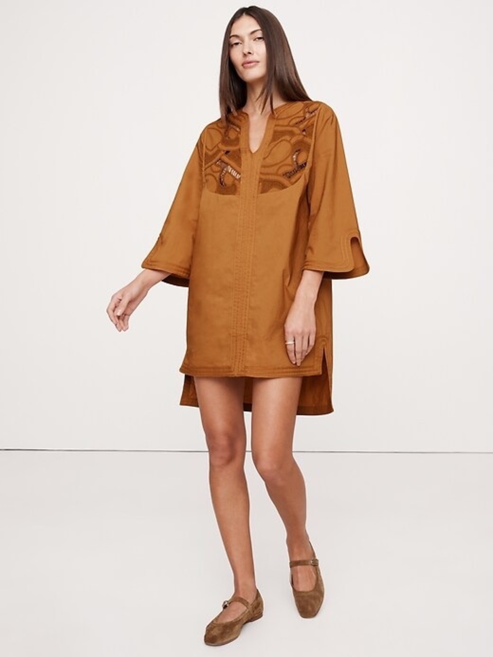 Banana Republic Embroidered Cotton Poplin Tunic Kaftan. Goldenrod Yellow XS